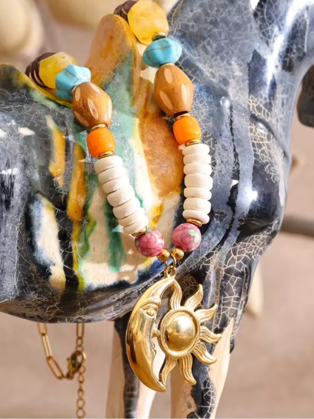 Celestial Sun Moon Gold Beaded Necklace - Picture 7 of 17